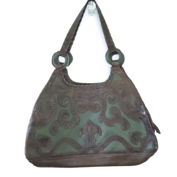 Leaders in Leather Paraguay Handbag Hand Tooled Cutout Satchel Brown Green - Picture 1 of 7